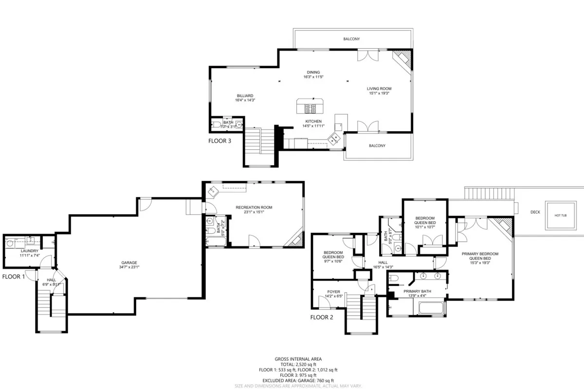 A spacious, open-plan view combining the kitchen, living room, dining room, recreation room, and primary bedroom, with a balcony overlooking the coast. The image exudes a welcoming and communal vibe, showcasing multiple areas where families or groups can gather, relax, and enjoy each other's company.